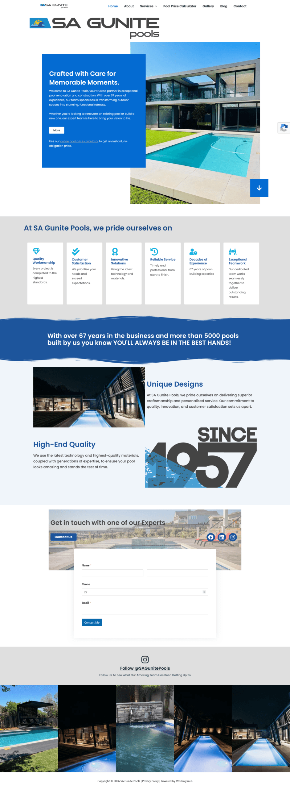 Homepage of the SA Gunite Pools website designed and developed by WhitingWeb