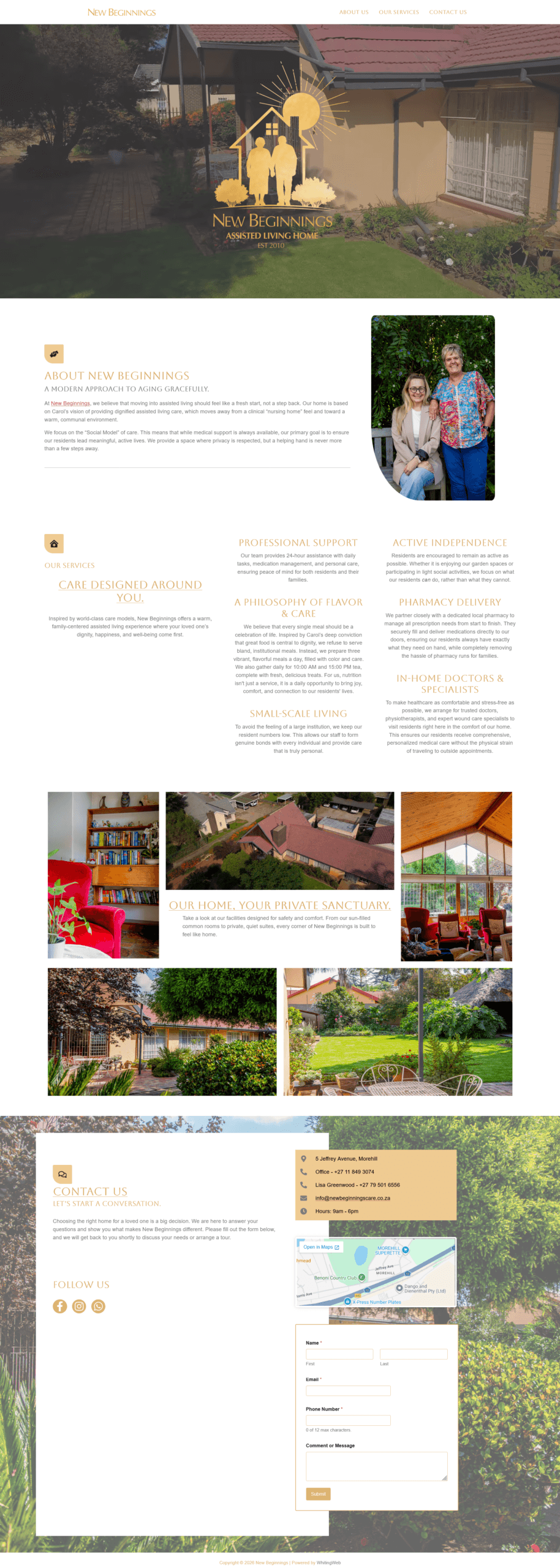 Homepage of the New Beginnings Assisted Living website designed and developed by WhitingWeb